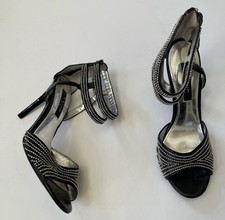 Black Embellished Strappy Rhinestone-Trim Open Toe Stiletto Heels Sandals