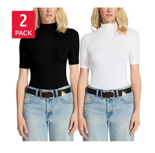 Steve Madden Women  s Mock Neck Soft Stretch Ribbed Bodysuit 2-Pack Black  Cream