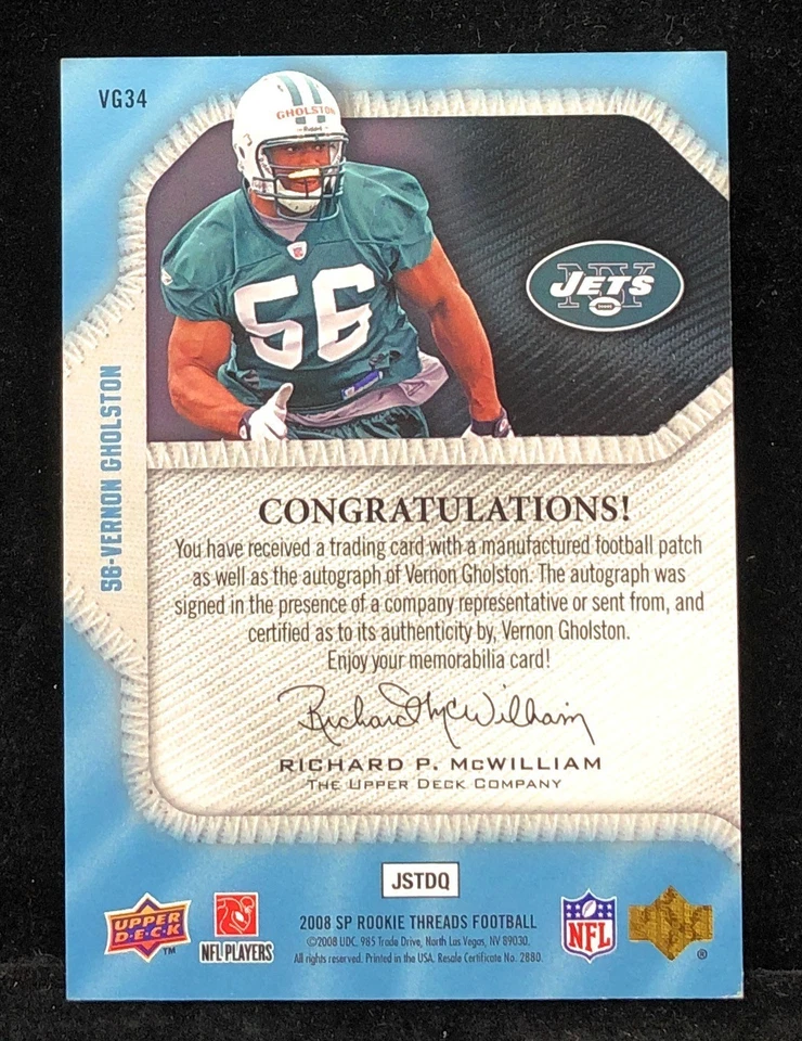 2008 SP Rookie Threads Lettermen Vernon Gholston Letter H Ohio St Patch Auto /31 - Image 2 of 2