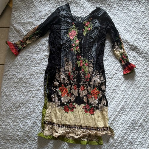 Pakistani Salwar Kameez Floral Embroidery Black Multicolor Cotton Blend Women