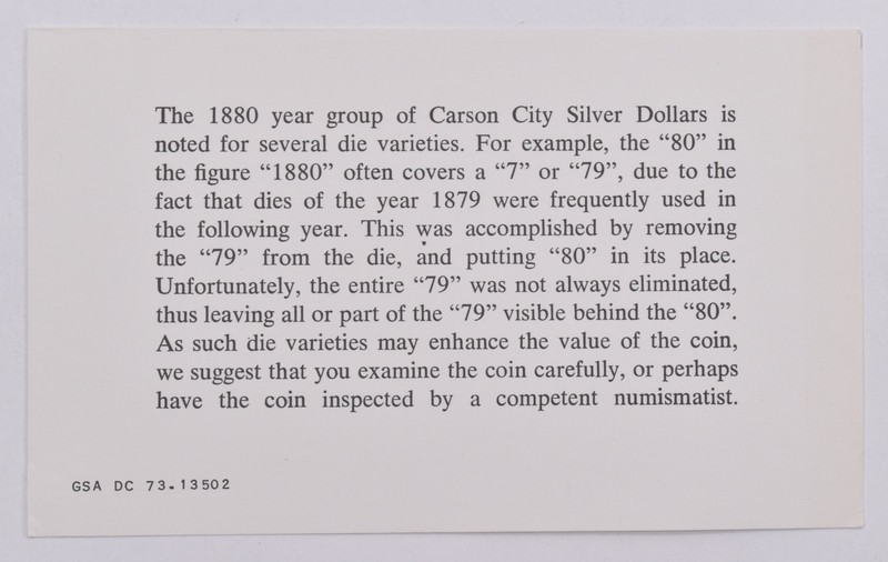 GSA COA Certificate Die Varieties 79/80 Numismatist Advice card 73.13502 *9406