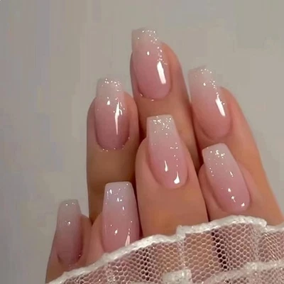 24 Stück Nägel zum Aufkleben Kurze Eckig French Press on Nails Rosa Ballerina...