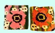 Vintage 70s Latch Hook Pillow Covers Pair 15x15 Retro MCM Shag Poppy Flower