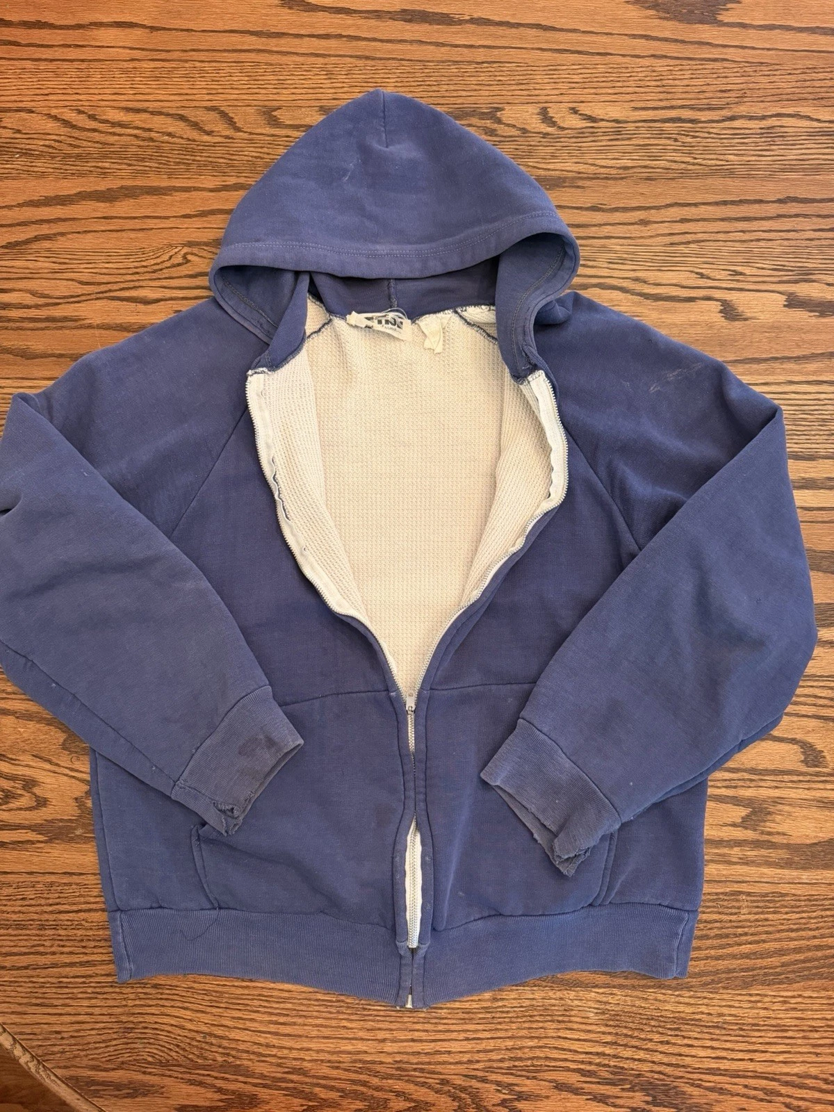 Vintage Zip Up Thermal Waffle Lined Hoodie Sweatshirt M Navy Action Sports FADED