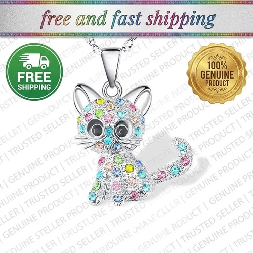Silver Multi Color Rhinestone Kitty Cat Pendant Necklace Jewelry Same Day 🚛✅ - product listing photo