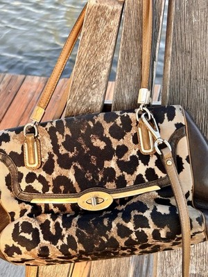 Coach Madison East West satchel Ocelot Print Bag Brown Crossbody Strap Leopard
