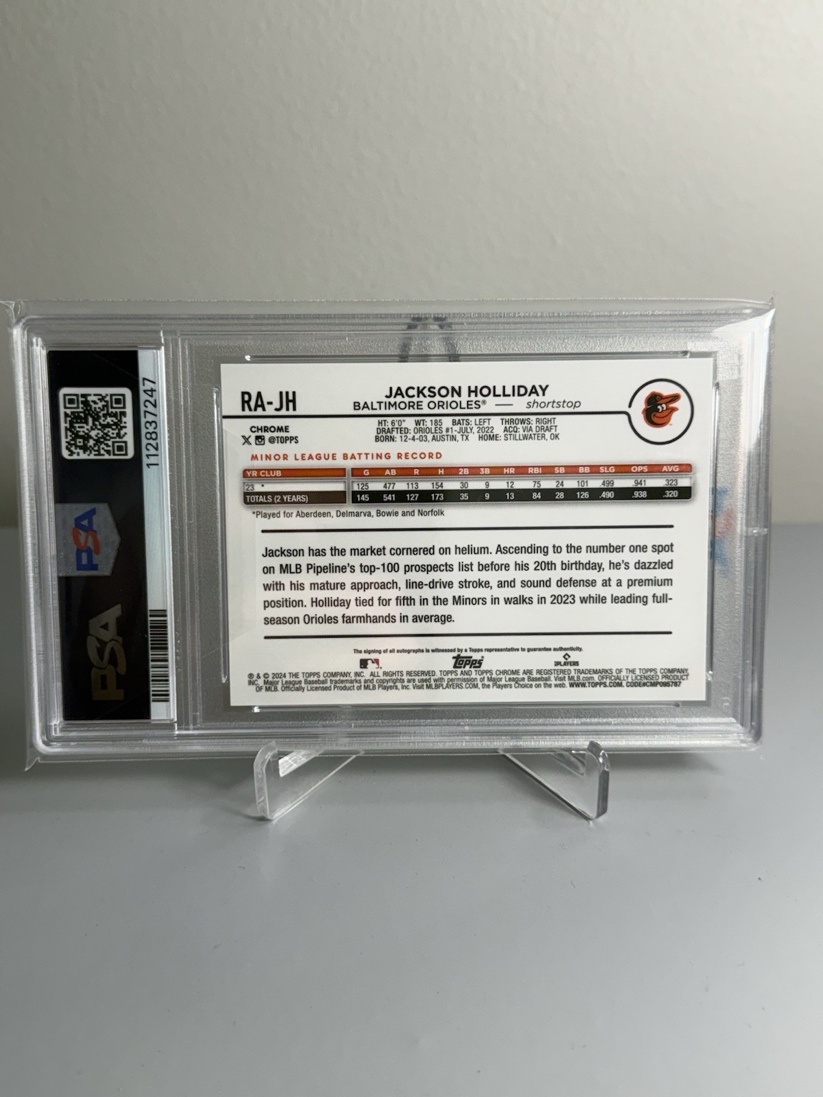 Jackson Holliday 2024 Topps Chrome Green Yellow Lava RC Auto /85 PSA 10 view 2