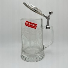 Vintage West German Pewter Etched Glass Lidded 6” Beer Stein Elk Deer Forest