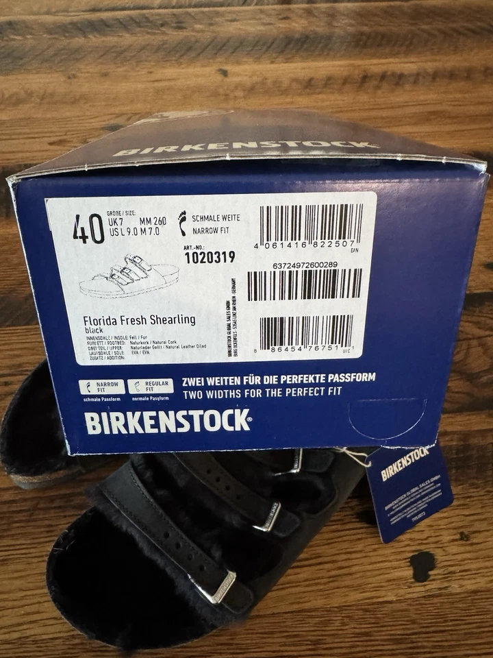 Birkenstock Florida Fresh Shearling EU 40 Black Leather New With Box - Image 2 of 2