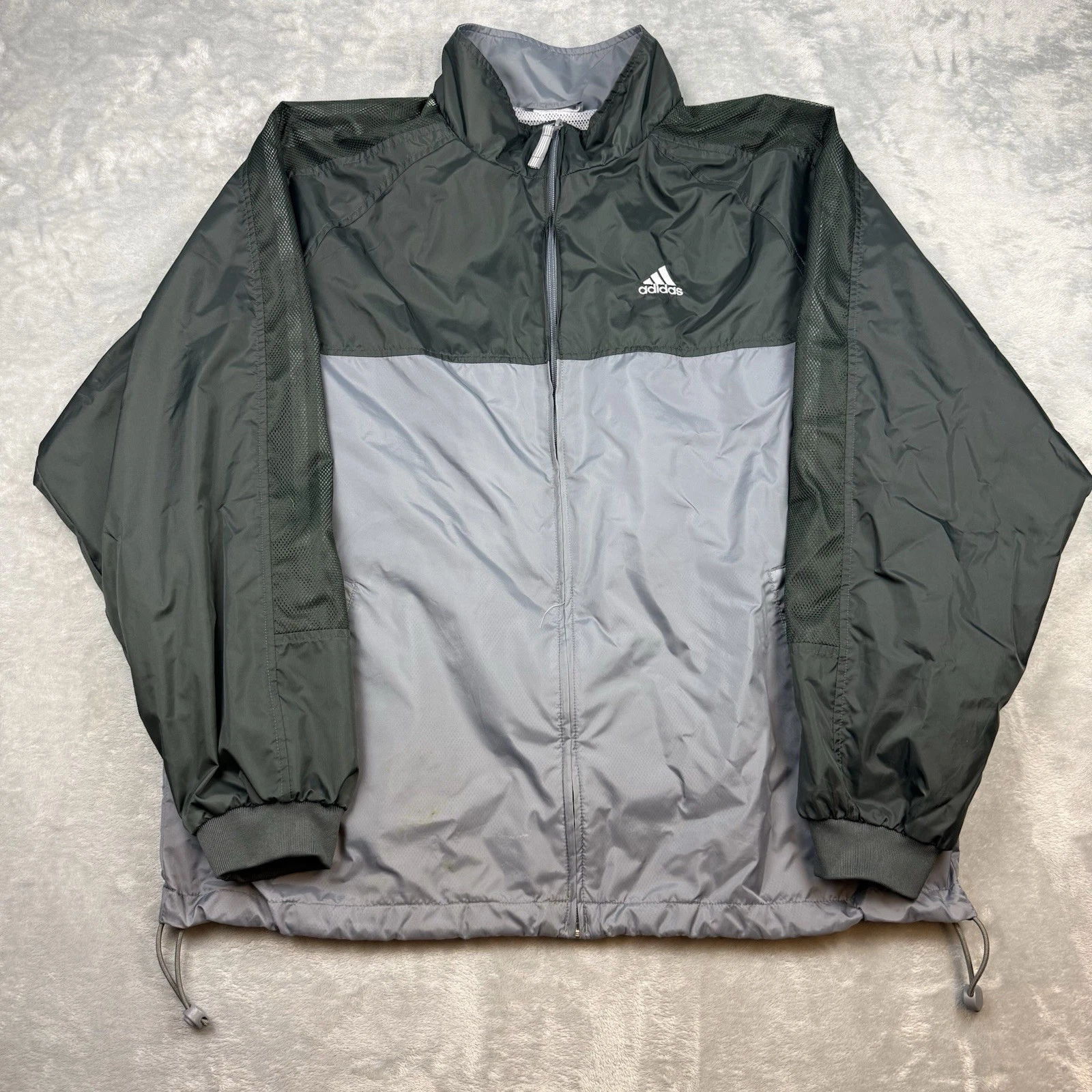 Vintage 2001 Adidas Gray Black Mesh Lined Windbreaker Jacket Full Zip Y2K XXL