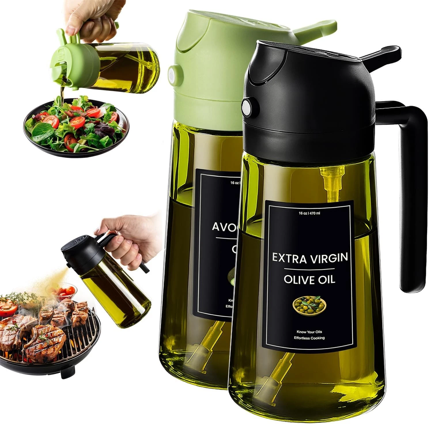 - 16oz/470ml Olive Oil Dispenser for Kitchen with Stickers - 2 in 1 Olive Oil