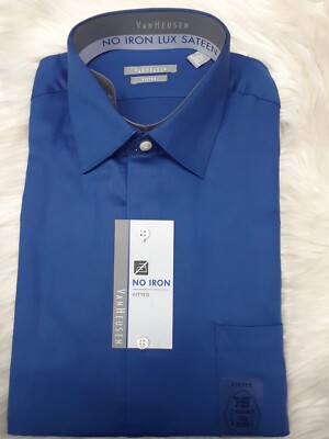 Van Heusen DRESS SHIRT Men's Lux Sateen FITTED Blue NO-IRON size 15 32/33  *New | eBay