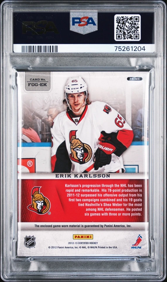 ERIK KARLSSON 2012-13 CERTIFIED FABRIC OF THE GAME PRIME MIRROR GOLD /25 PSA 8 - Image 2 of 2