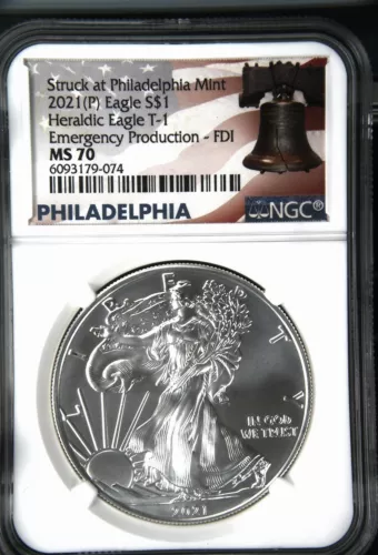 2021 Bullion Silver Eagles NGC MS-70 (P) Heraldic Eagle T-1 First Day of Issue S