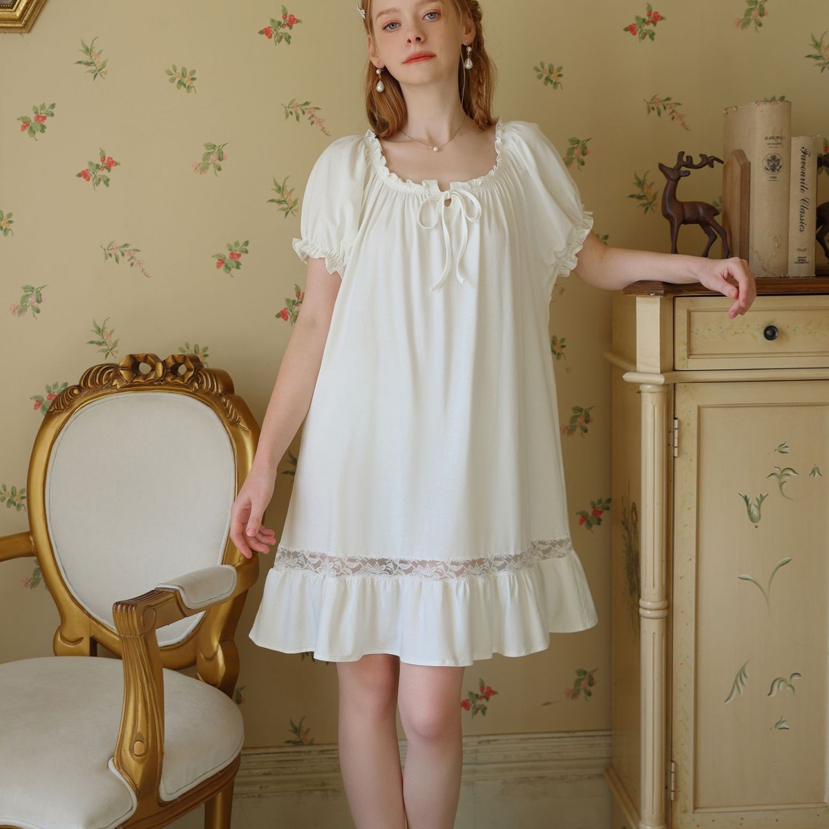 Women's Cotton Short Sleeve Nightgown Soft Cute Ruffle Pajama Dress