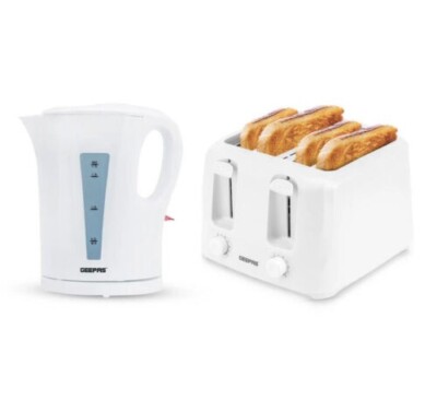 Brandneu Geepas Wasserkocher 1,7L Schnellkoch Wasserkocher & 4 Scheiben Toaster Combo Set Weiß