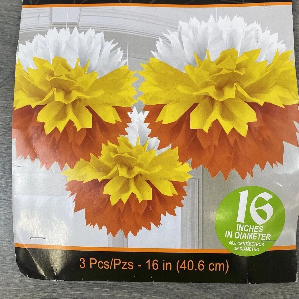 DECORACIONES DE POMPÓN MULLIDO 3 piezas Naranja Amarillo Blanco Decoraciones de Fiesta Halloween Foto 3 de 4