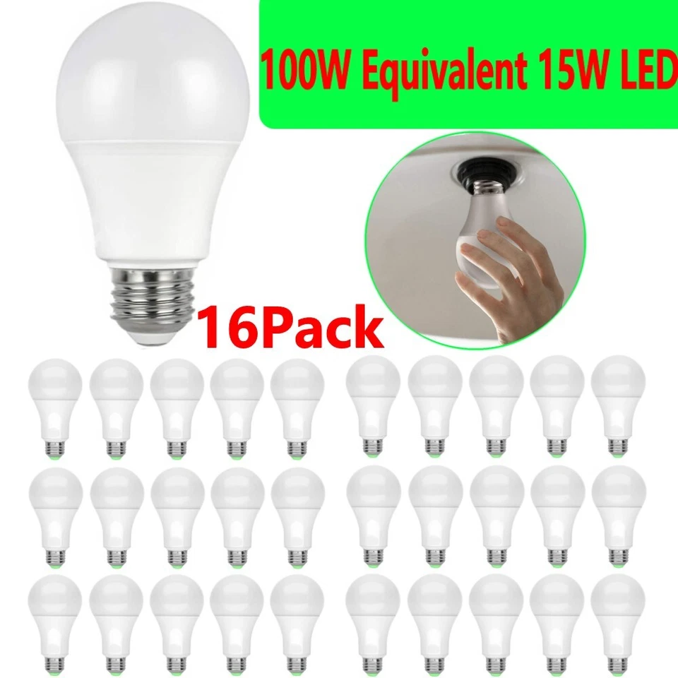 16X LED Light Bulbs Replacement 100W Eq/15W Daylight E26 6500K Home Bedroom Lamp