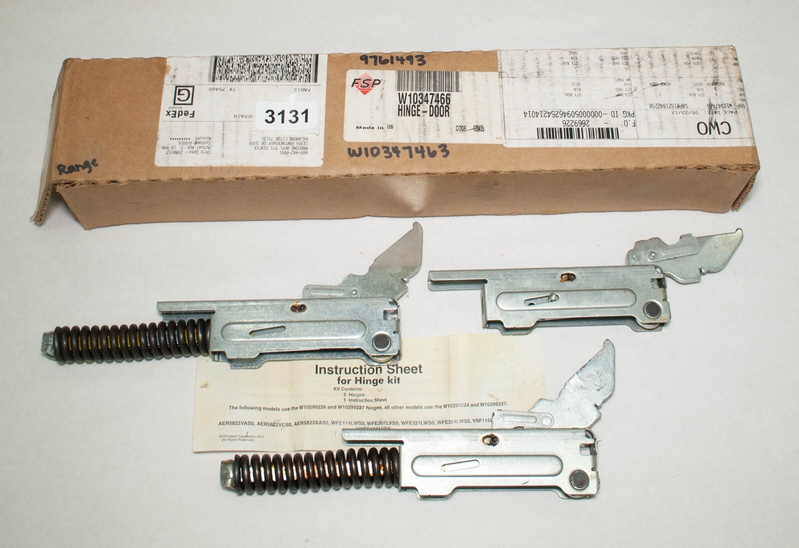 Whirlpool W10347466 Oven Hinge Set of 3 Replacement Parts-image