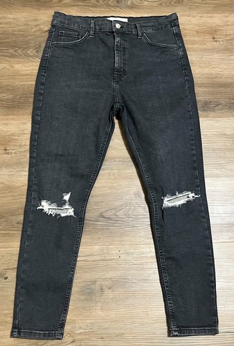 Women Black Topshop Jamie High Rise Distressed Knees Denim Jeans W34 L30 Size 12 - Picture 1 of 5