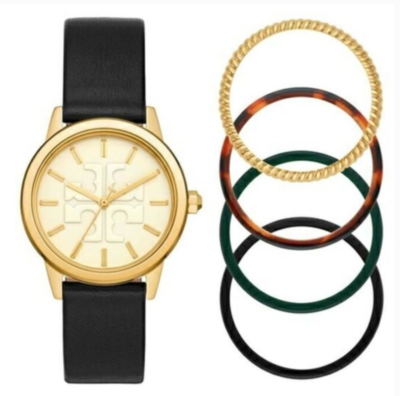 NIB TORY BURCH GIGI GOLD CASE BLACK LEATHER WATCH TOP RINGS