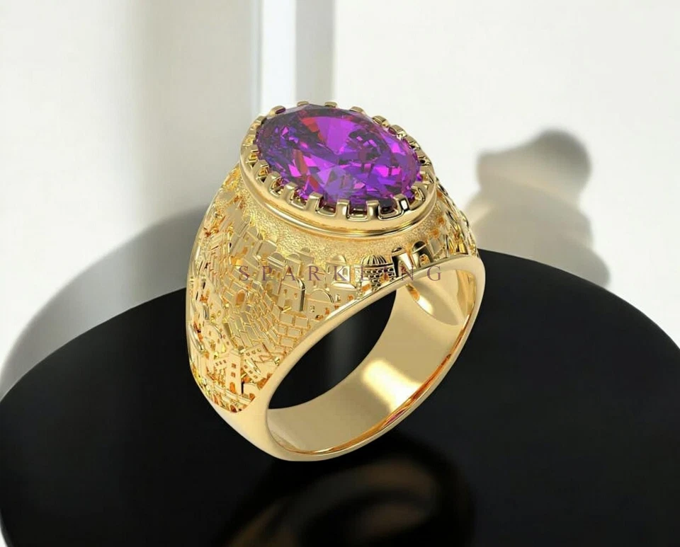 Аметист овальной огранки с 925 пробы позолоченное кольцо для мужчин #D821 - Изображение 4 из 4