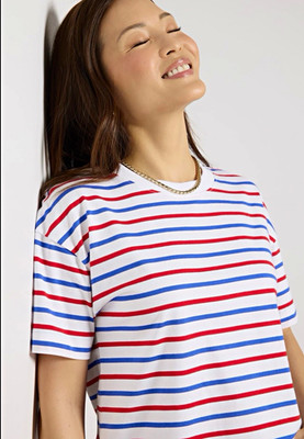 Universal Thread Women's M White Red Blue Striped Crew Neck Cotton Knit Tee