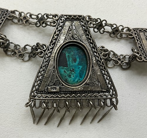 DD4 Vintage Ethnic Sterling Silver Filigree And Green Agate Necklace - Picture 4 of 5