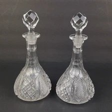 Vintage Cut Glass Glass Oil Vinegar Cruet Set w/ Faceted Crystal Stoppers