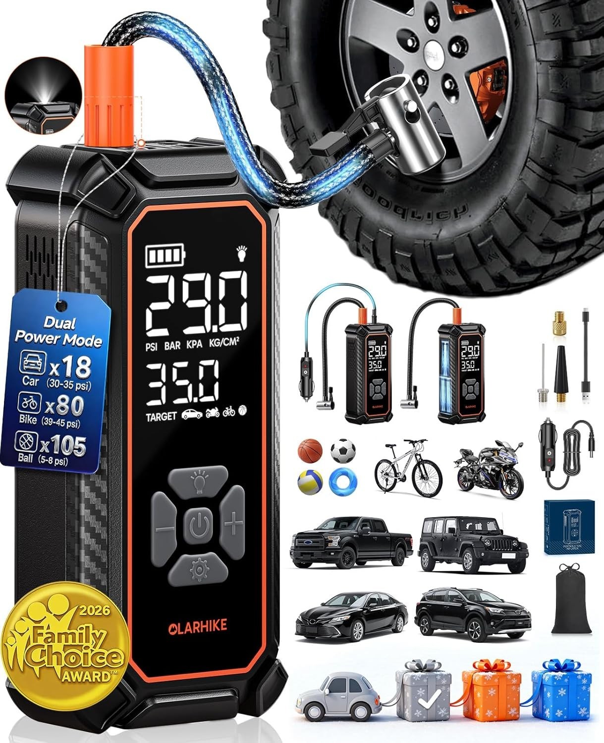 Portable 150PSI Tire Inflator with Dual Power and LED Displa