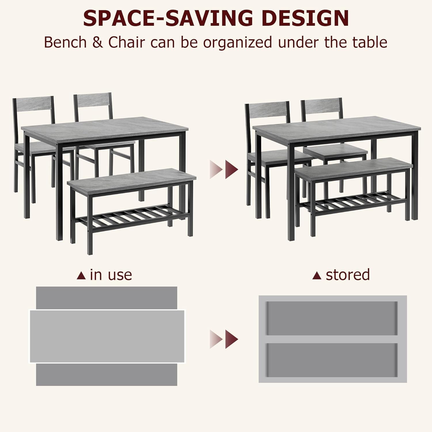 4-Piece Rectangular Dining Table Set with Chairs and Bench Space-Saving Design