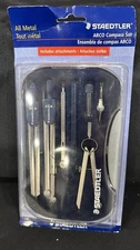 All Metal Staedtler ARCO Compass Set 8pc-- Includs Attchemtns & Plastic Case New
