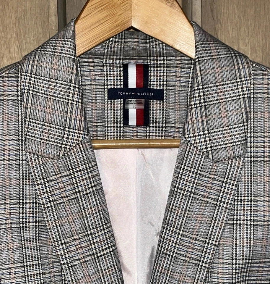 Blazer TOMMY HILFIGER Mujer Talla 12 Cuadros Preppy Academia Carrera Oficina Chaqueta Foto 3 de 4