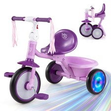 Foldable Toddler Tricycle w/Lighting Wheels, Adjustable Seat, Storage Basket