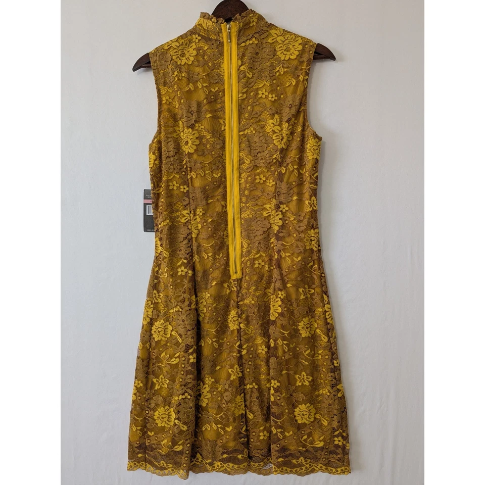 Vestido de fiesta Sharagano para mujer con ojales dorado marrón encaje cuello falso talla 10 nuevo Foto 3 de 4