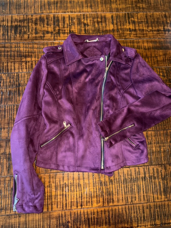JOUJOU Medium Motorcycle Faux Suede Purple Leather Jacket Zippers Woman - Image 3 of 4