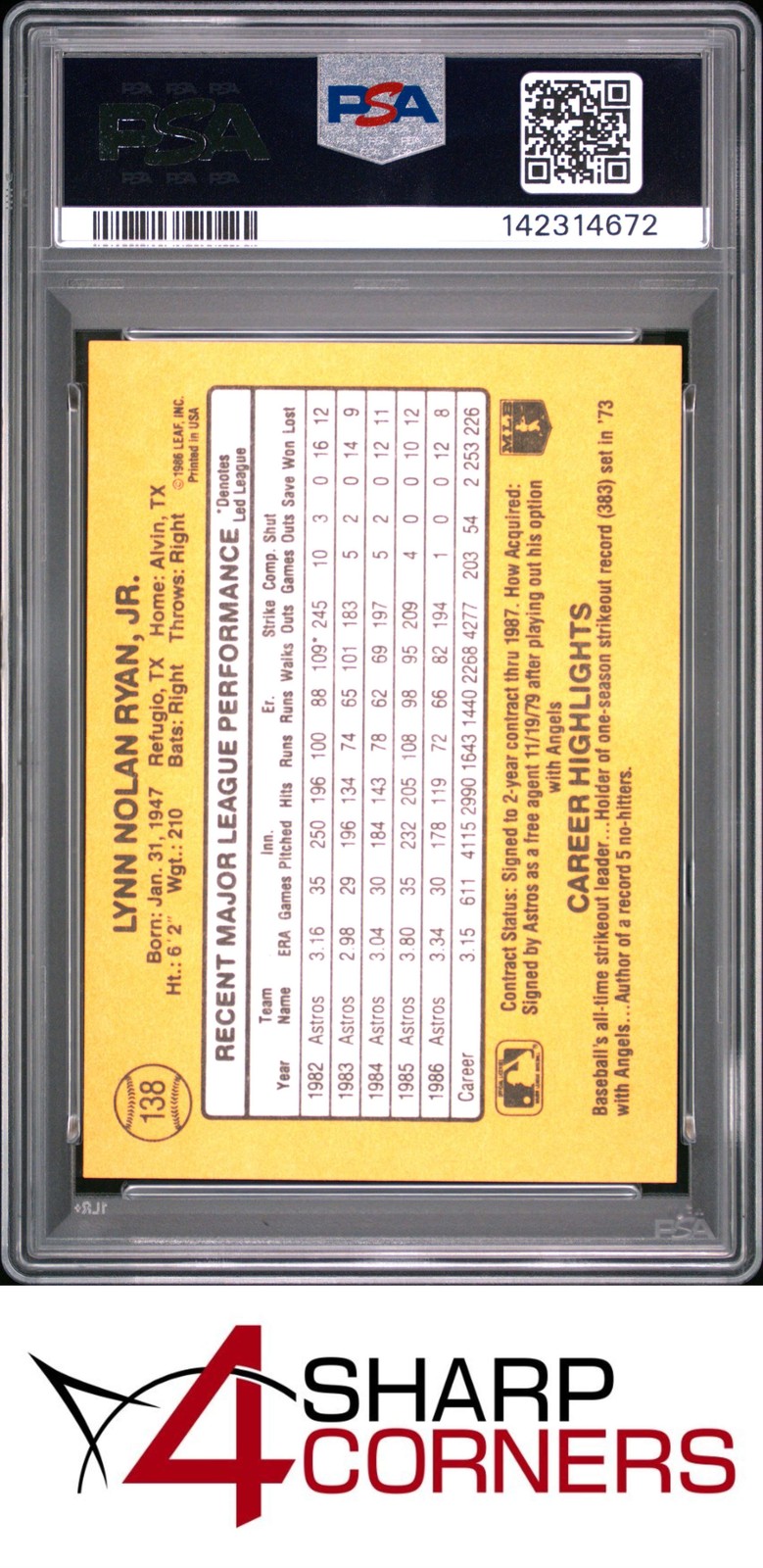 1987 DONRUSS #138 NOLAN RYAN ASTROS HOF PSA 10 view 2