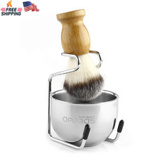 Shaving Brush Synthetic Badger Wood Handle with Stand and Bowl for Men