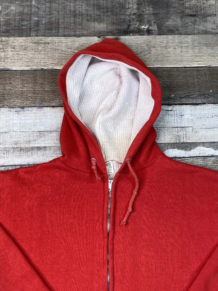 Винтажная толстовка с капюшоном с тепловой подкладкой мужская S/M красная спортивная одежда на молнии США 70-е 80-е - Изображение 2 из 4