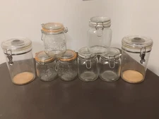 8 Cannister Lot 3 Le Parfait "Super"/ 3 Anchor Hocking Jar/ 2 Tall Plastic Jars