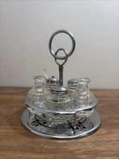 Vintage Cruet Condiment Metal  Glass Set Salt/Pepper, Oil, Sugar With Stand