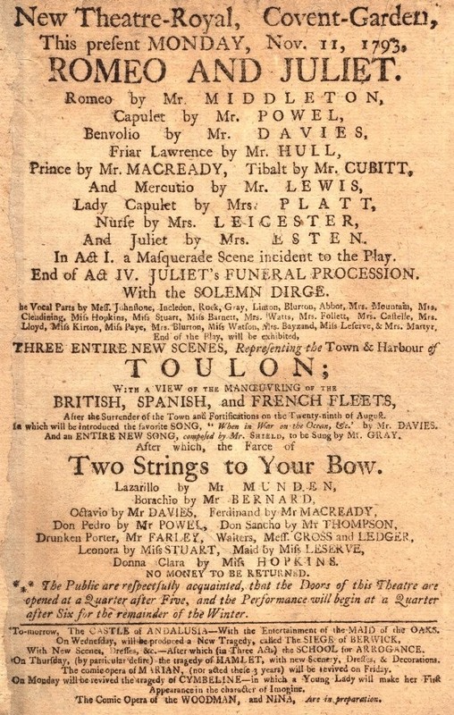 *KING GEORGE III ERA 1793 ROMEO AND JULIET THEATRE BROADSIDE COVENT GARDEN*
