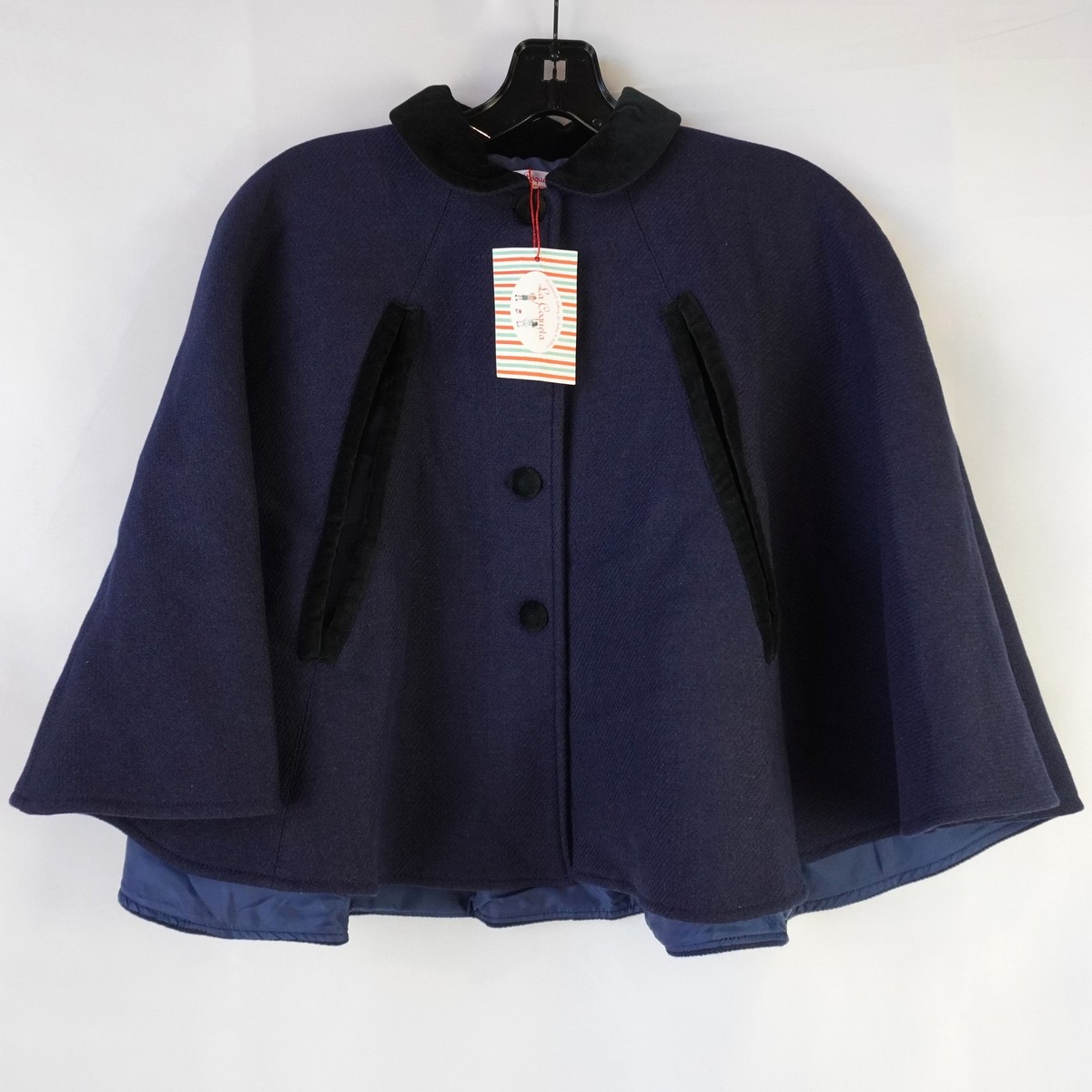 La Coqueta Clara Girl Cape In Navy Blue Wool W/ Velvet Trim Collar