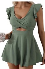Engle Lane Boutique Olive Green Ruffle Wrap Swim Dress One Piece Swimsuit M