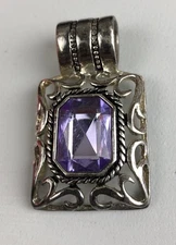 Vintage Retro Pendant Lavender Amethyst Faux Gemstone Silver Tone 2" Slide