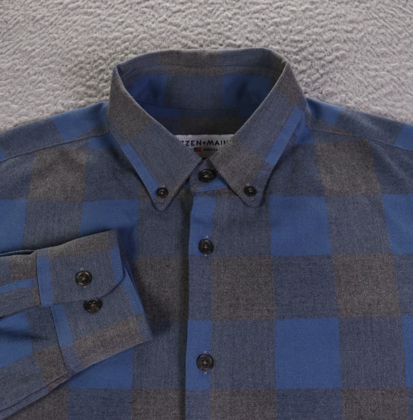 Mizzen Main Shirt Mens Large Trim Fit Blue Gray Buffalo Plaid Button Long Sleeve