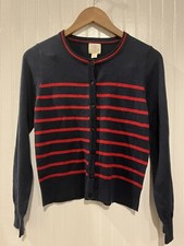 Lands End Cardigan Sweater Girls Size L 14 Navy Blue W/shimmery Red Stripes