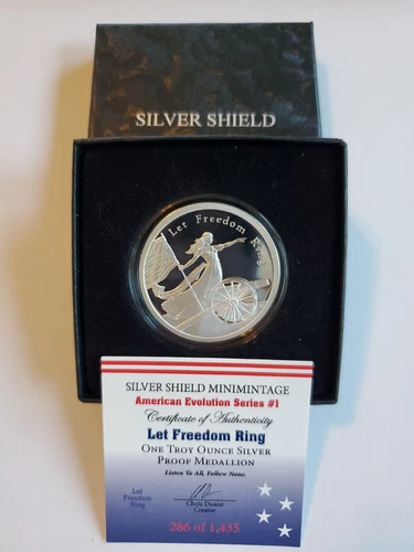 1 OZ .999 PURE SILVER SHIELD PROOF LET FREEDOM RING MINIMINTAGE ROUND COIN COA