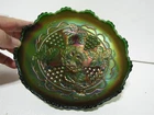 Vintage Grape and Cable 3 footed Green Carnival Glass Bowl