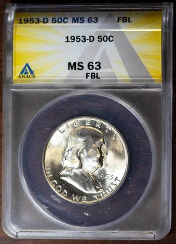 1953-D 50c Silver Franklin Half-dollar MS 63 FBL New ANACS # 7472065 + Bonus
